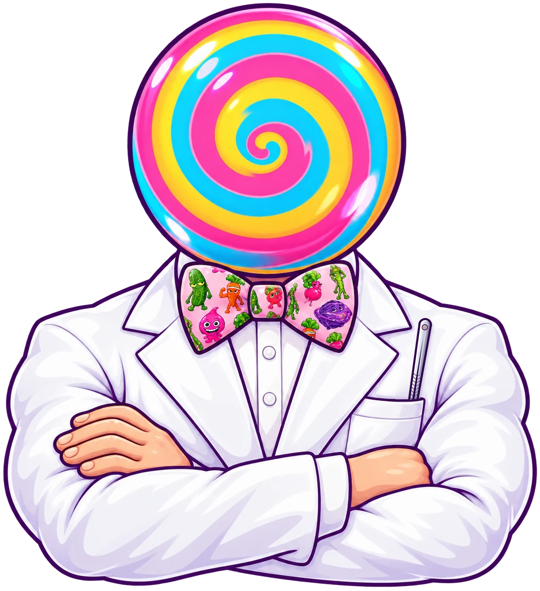 Dr. Von Sourz, the head of the lab: a broad figure in a white suit with arms crossed, a pale pink bow tie printed with all nine specimens, a SOURZ swirl instead of a head, and a pair of tweezers tucked in the breast pocket